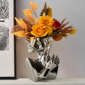 Creative silver plated face ceramic vase with luxury floral bouquet for home decor