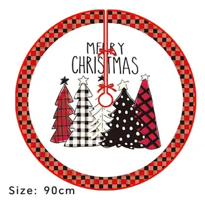 90cm Christmas tree skirt with Merry Christmas text and red black plaid border