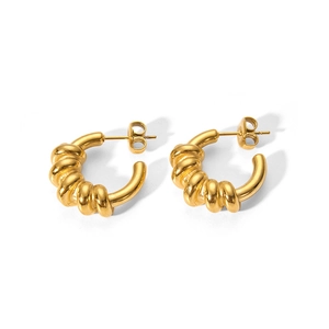 Minimalist 18k gold plated stainless steel spring coil C-shaped hoop earrings on white background