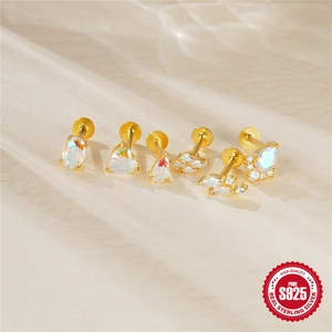 6-piece set of gold S925 sterling silver stud earrings with moonstone and cubic zirconia