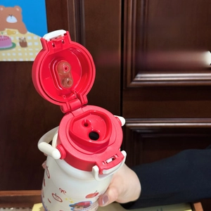 Detail of dual-drinking spout design on red and white cartoon stainless steel water bottle