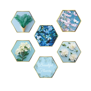 Hexagonal floral wall stickers with green leaves and gold frames for home decoration