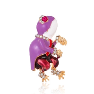 Detailed view of the whimsical purple suit figurine brooch with sparkling rhinestones