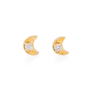 Detailed view of gold crescent moon earrings with central crystal and textured finish