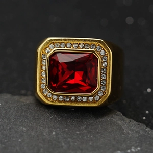 Luxurious men's gold plated ring featuring a rectangular red ruby and pavé set white diamonds