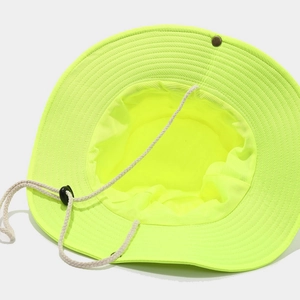 Neon yellow outdoor sun hat with wide brim and adjustable drawstring for hiking
