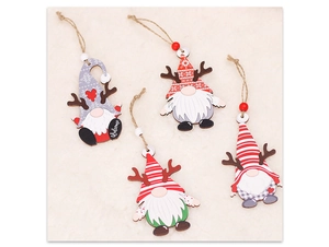 Detail of four wooden Christmas gnome pendants with reindeer antlers and colorful beads