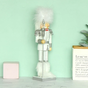 35cm white wooden nutcracker soldier king with faux fur hat for Christmas home decor