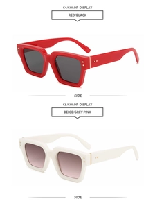 Side view of square sunglasses showing thick red and beige frames with metal rivet details