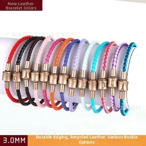 Detailed view of 3.0mm woven leather cord bracelets with matte champagne gold buckles