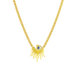 Golden titanium steel curb chain necklace with a blue evil eye sunburst pendant and crystals
