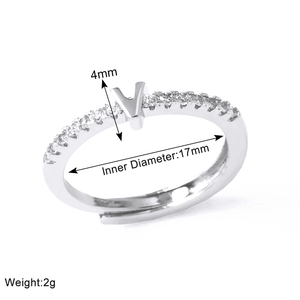 Detail view of silver V-letter ring with dimensions 17mm diameter and 4mm height