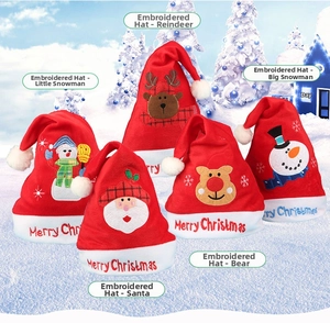 Detail of red plush Christmas hats with embroidered characters and Merry Christmas text