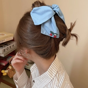 Detail of light blue bow hair claw with cherry embroidery and pearls on a hair bun