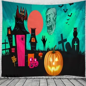 Detailed Halloween tapestry showing glowing pumpkins and pink castle on white brick wall