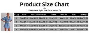 Detailed size chart for women cargo denim set showing waist, hips, and top length measurements