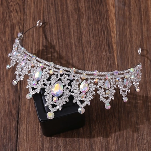 Detail of luxury bridal crown with teardrop AB crystals and silver metal base