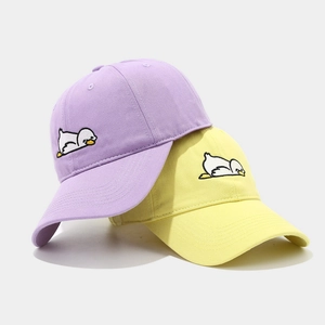 Pastel lavender and yellow cotton baseball caps with cute embroidered duck motif