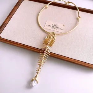 French style gold fishbone choker necklace with baroque pearl and sparkling rhinestones