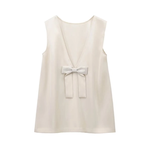 Women Satin Mini Dress Sleeveless Backless V-Neck Rhinestone Bowknot Cocktail Party Champagne Elegant