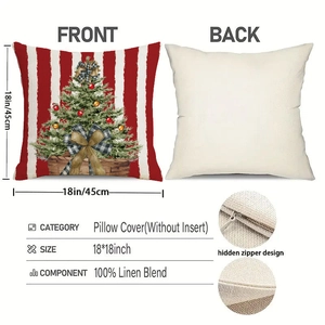 Detail view of 18x18 inch linen Christmas pillow cover with tree design and hidden zipper
