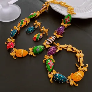 Vintage Enamel Faberge Egg Jewelry Necklace Bracelet Earrings With Butterfly Bow Alloy Rhinestone And Silver Earring Post
