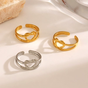 Minimalist Heart Knot Ring 18K Gold Plated Stainless Steel Double Layer Open Adjustable Jewelry For Women