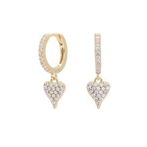 Close-up of golden heart drop earrings with shimmering white zircon stones