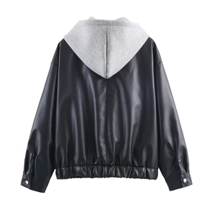 Women's black faux leather jacket featuring a grey knit hood and elasticated hem