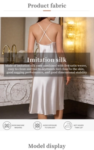 Detail of cross-back straps on a white silk-like nightgown with an open back design