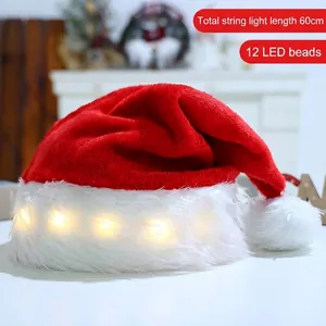Gorro de Papá Noel de felpa roja y blanca con 12 luces LED cálidas y tira 60cm
