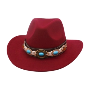 Close-up of wine red jazz hat with ethnic style turquoise and amber beaded leather band