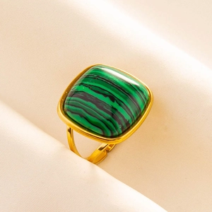 Macro shot of gold adjustable 304 stainless steel ring with square malachite stone