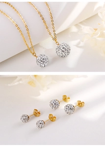 Detailed view of golden titanium steel necklace and stud earrings set with white zircon spheres