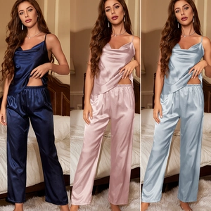 Women Satin Pajamas Satiny Sleeveless Camisole Sling Top And Long Pants Loungewear V-Neck Lightweight Elegant Sleepwear