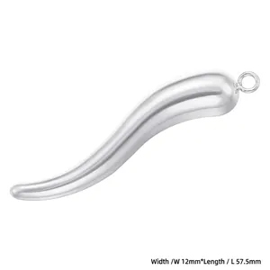 Detailed macro view of silver chili horn pendant showing 12mm width and 57.5mm length