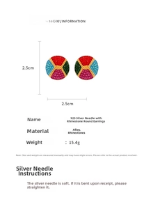 Detail showing 2.5cm colorful rhinestone round stud earrings with 925 silver needle