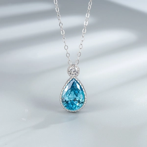 S925 silver jewelry set featuring teardrop sea blue pear-shaped pendant and necklace