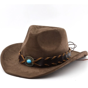 Western Cowboy Hat Faux Suede Wide Brim Braided Leather Band Turquoise Decor Ethnic Style For Men Women