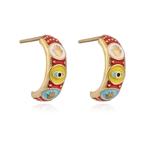 Gold plated C-shape enamel stud earrings with palm and eye motifs in multi-color