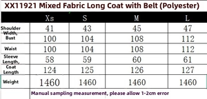 Detailed size chart for polyester blend long coat showing shoulder and bust measurements
