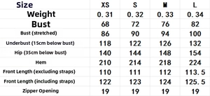 Detailed size chart for backless colorblock slip dress including bust and length data