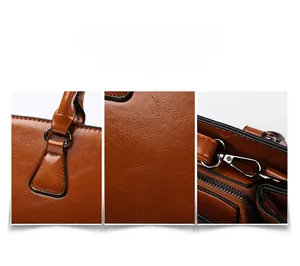Detailed views of brown leather texture, precision stitching and metallic zipper on handbag