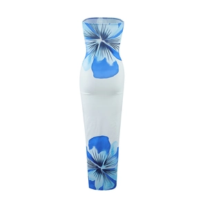 Close-up of elegant white bodycon tube dress with vibrant blue floral print detail