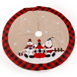 Round Christmas tree skirt with Santa snowman motifs and red black plaid borders