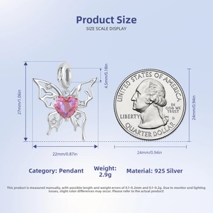 Detailed size view of silver butterfly charm with pink heart stone and 925 silver stamp