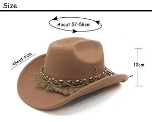 Size chart for brown western cowboy hat with detailed head circumference and brim measurements