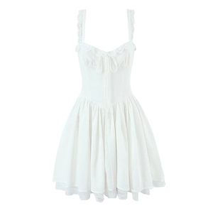 White mini bodycon dress with lace ruffles and tie-front straps for women