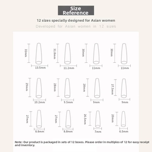 Size chart showing 12 different dimensions for long French style press-on nails
