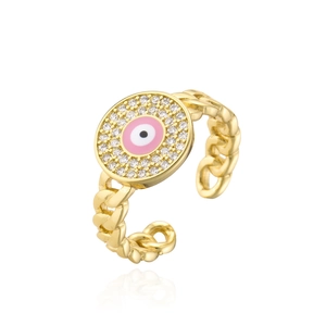 Macro detail of gold curb chain ring featuring a pink enamel evil eye with zircon